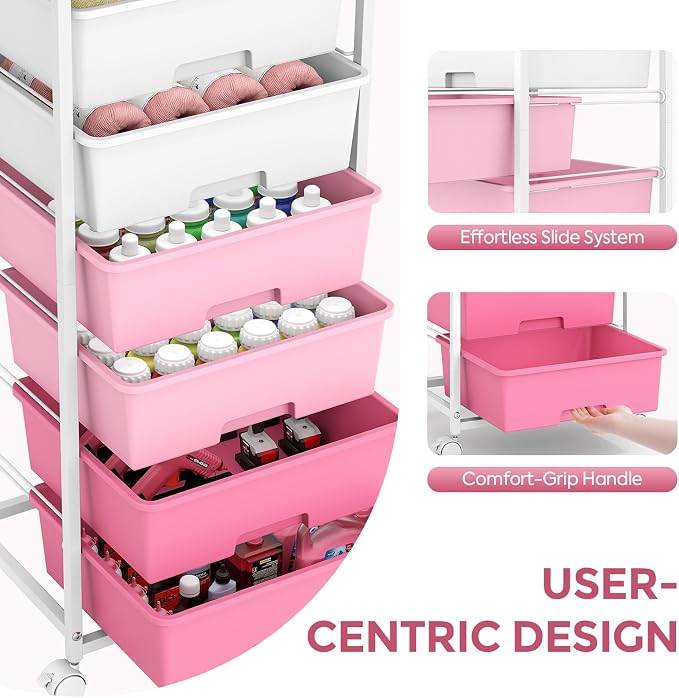 Rolling Storage Cart with 6 Drawers and Wooden Tabletop, Lockable Wheels Utility Cart for Art Studios, Office Supplies & Craft Room Organization (Pink)