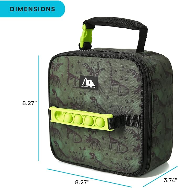 Arctic Zone Kids Lunch Box Combo with Gel Ice Pack and Sandwich Container, Insulated Bag for Travel Lunch, Sensory Fidget Toy Handle, Dino Skeleton Dye