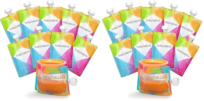 Baby Brezza Reusable Baby Food Storage Pouches,7oz - Make Organic Food Puree for Kids or Toddlers and Store in Refillable Squeeze Pouches,Bulk Set is Freezer Safe & Washable,10 Count (Pack of 2)