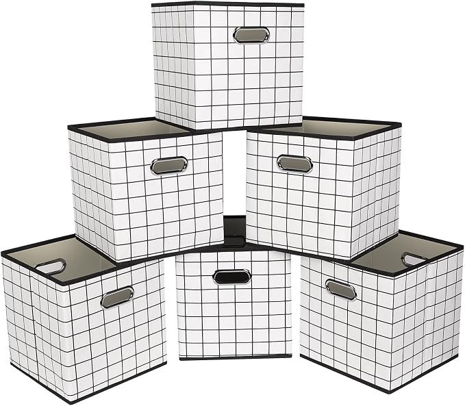 Fabric Cloth Storage Bins,Fabric Cube Organizer with Dual Handles Foldable Cube Storage Baskets for Home Bedroom Storage,Set of 6,(White grid)