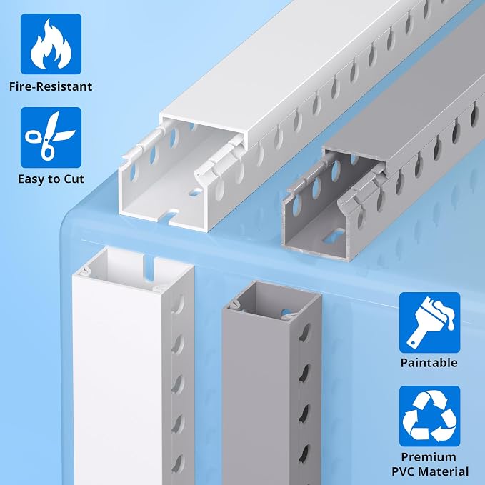 1.2"H x 1.2"W Cable Raceway, 12ft Under Desk Wire Management Channel, Grey | Slotted Wire Duct, 4 Pack (3 ft Each), Heavy-Duty PVC Cable Management for Server Racks, Network Cables & Electrical Cabinets