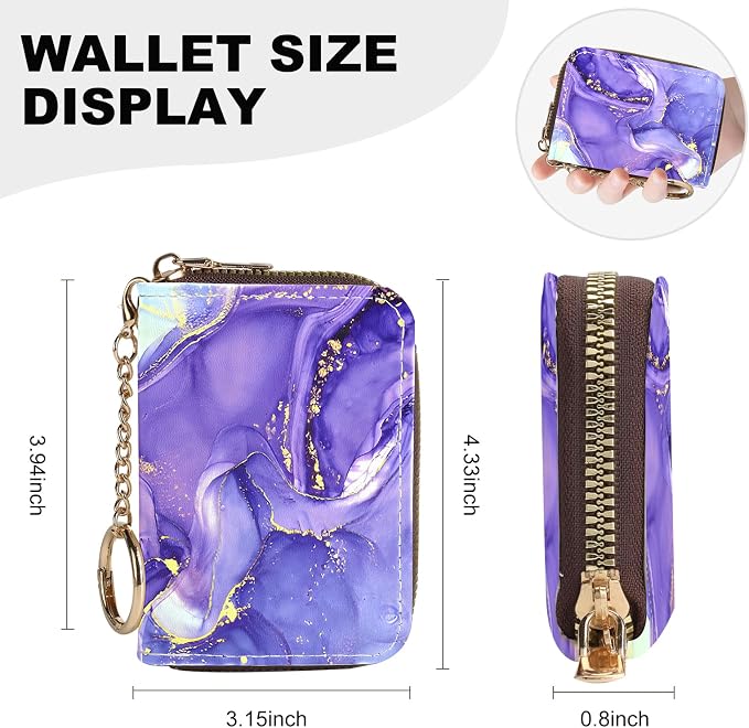 Credit Card Holder for Women,Small Rfid Wallet with Keychain Zipper,Cute PU Leather Card Case Wallet，Accordion Credit Card Wallets Gift,Purple Marble C
