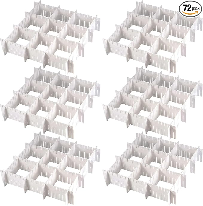 MUKCHAP 72 Pieces DIY Plastic Grid Drawer Organizer, 12.6 Inch Plastic Grid Drawer Dividers, Plastic Adjustable Drawer Dividers Organizer for Sock, Underwear, Scarf, White