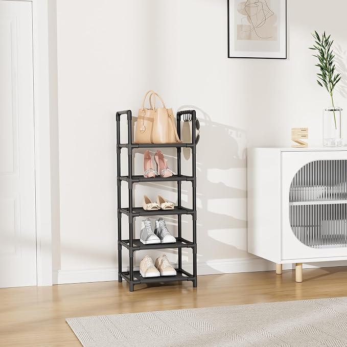 LANTEFUL Narrow Shoe Rack 5 Tier Shoe Shelf Storage for 5-10 Pairs Shoe and Boot, Sturdy Shoe Storage Space Saving Corner Shoe Rack Organizer for Closet, Entryway, Living Room, Black