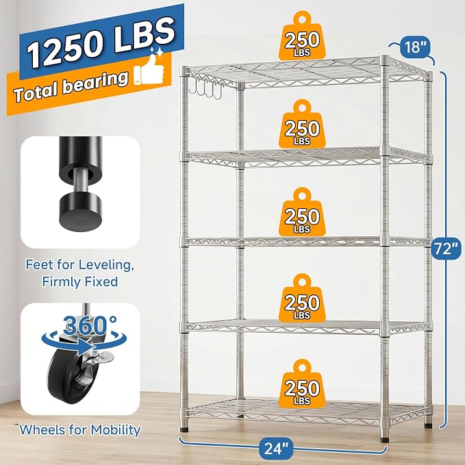 24" Wx18 Dx75 H Chrome Storage Shelves with Wheels, 5 Tier Wire Shelving Adjustable Metal Shelving Pantry Shelves Capacity 1250LBS for Garage Shelving, Pantry, Kitchen, Closet,4PACK
