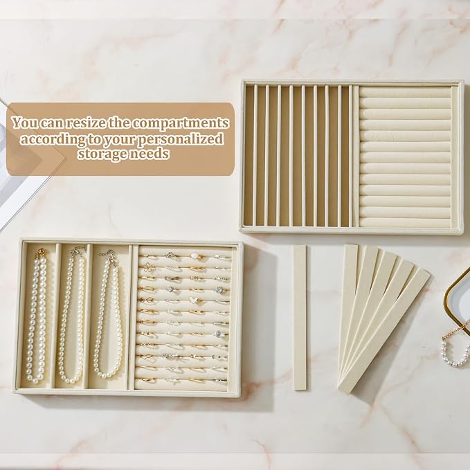 Large Jewelry Organizer for Drawer Insert Velvet Stackable Jewelry Trays for Earring Necklace Bracelet Ring Display (Beige, Ring and 9 Grids)
