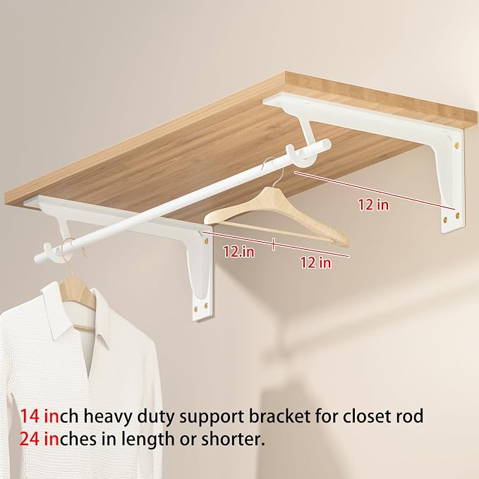 13.5x5.6 in Heavy Duty Closet Rod Support Bracket (White 2 Pack) | 400lbs Capacity Sturdy Wall Mounted L-Shaped Shelf Brackets with Rod Holders for Laundry Room Kitchen bathroom storage