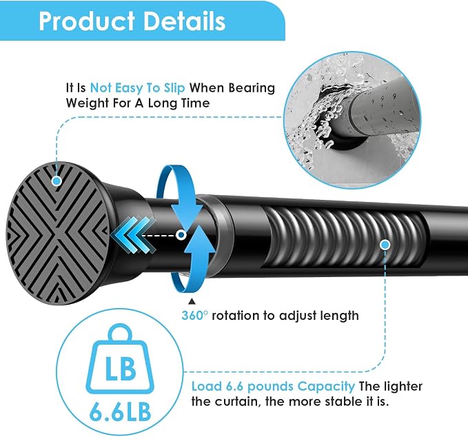 1Pcs Tension Curtain Rod 31 To 63 Inch Black Shower Curtain Rod No Drilling Adjustable Spring Loaded Curtain Rods 7/8"Diameter Shower Rods For Bathroom Windows Bedroom Closet Doorway Door