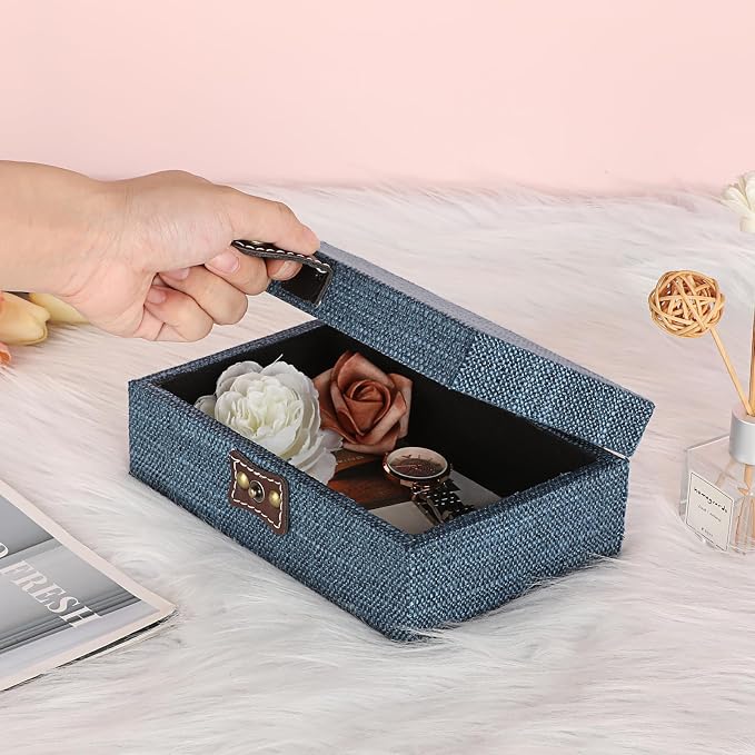 Hipiwe Treasure Chest Jewelry Box Wooden Decorative Box with Linen Covered | Memento Case Box with Clasp Lid, Rectangular Keepsake Box Photos Storage Organizer Home Decor, Blue