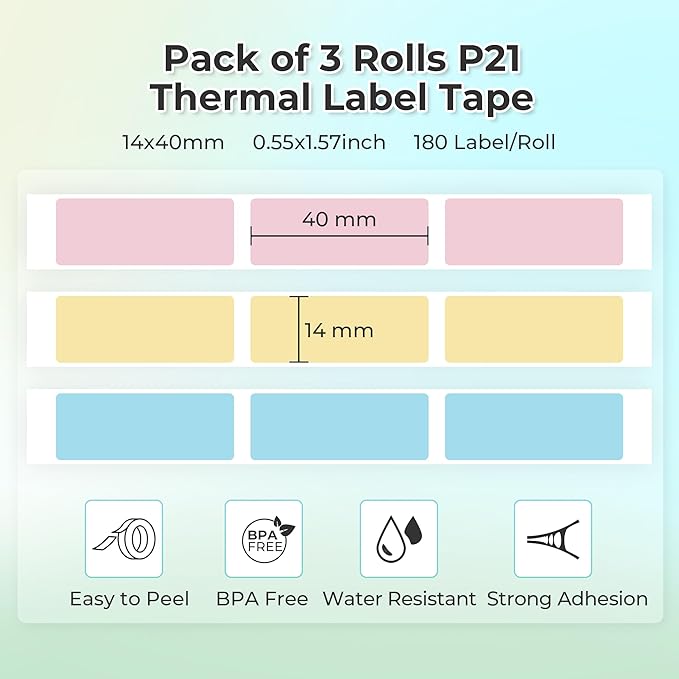 NELKO Genuine P21 Label Maker Tape, Adapted Label Print Paper, 14x40mm (0.55"x1.57"), Standard Laminated Office Labeling Tape Replacement, Multipurpose of P21, 180 Tapes/Roll, 3-Roll, Blue/Yellow/Pink