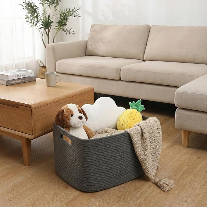JMvicyroam Woven Blanket Basket,65L Large Storage Bin for Blankets Toys Clothes,Decorative Rope Basket for Living Room Bedroom with Handles, Grey
