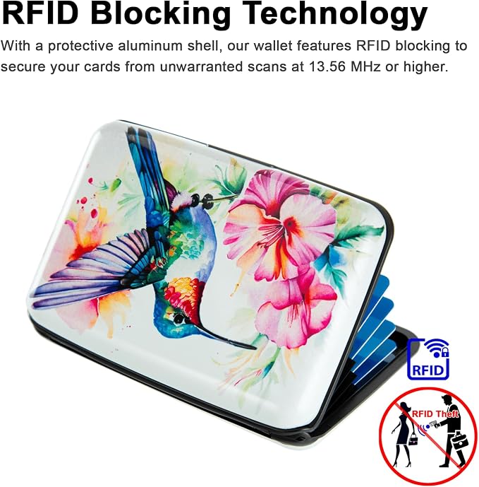 Credit Card Holder, Metal Card Wallet RFID Blocking Mini Slim Aluminum Business Hard Card Case for Women Men (Flowers Hummingbird)