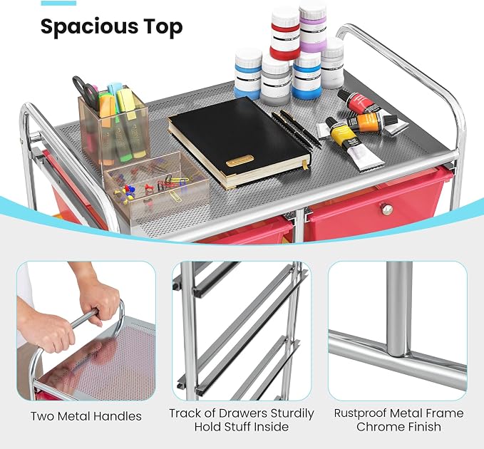 BECOMFORT 10-Drawer Rolling Cart with Drawers, Storage Cart on Wheels, Teacher Classroom Organizers with Metal Frame, Mobile Craft Cart, Trolley Utility Cart for School Office Play Room