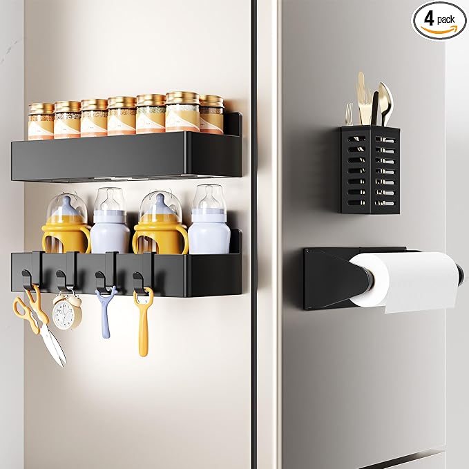 Magnetic Spice Rack for Refrigerator,4 Pack Magnetic Shelf,Fridge Magnet Organizer with Paper Towel Holder and Utensils Racks,Fridge Organizers and Storage Black(4 Pack)