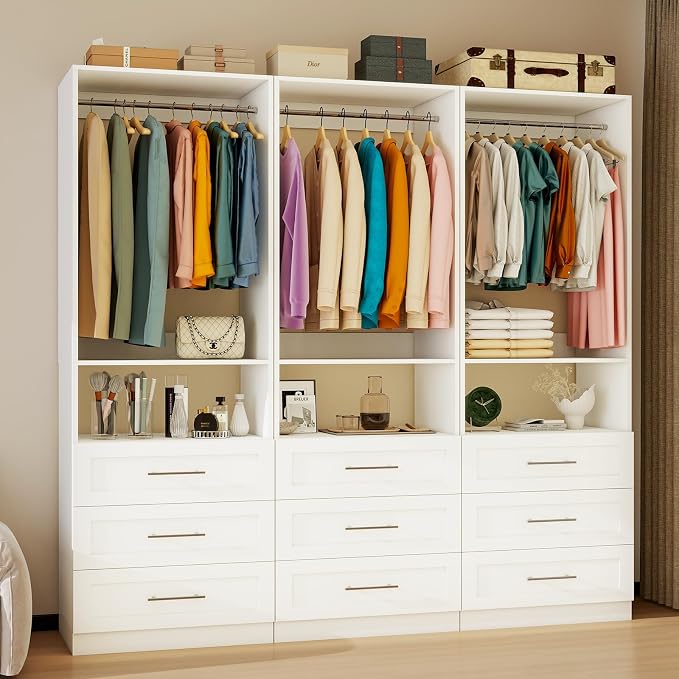 Closet System, 4FT-5FT-8FT Free Standing Closet Organizer With Drawers Wooden, Walk in Closet System with 5pcs Hanging Rods and Shelves Storage, Closet Built in System Wardrobe Organizer, White