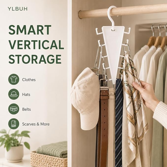 V Shaped Double-Sided Closet Organizer Hanger, 360° Rotating Multi-Layer Vertical Clothes Storage Rack with 12 Hooks, Space Saving Organizer for Hats, Scarves, Belts, Bags and Ties (6PC)