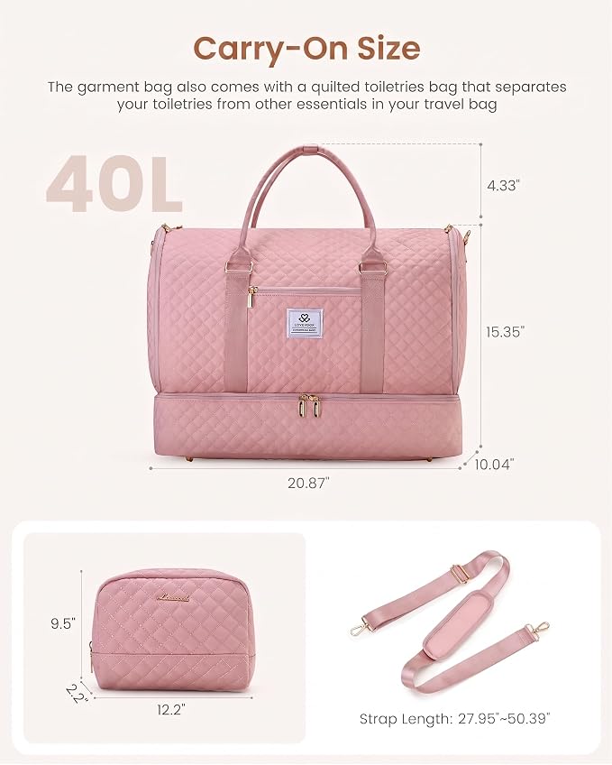 LOVEVOOK Convertible Garment Bag for Travel with Shoe Pouch, Carry On Garment Duffel Bag with Toiletry Bag, 2 in 1 Hanging Suitcase Suit Bag, Weekender Bag for Women Travel, Wedding, Pink