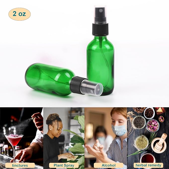 NOOEEISS Green Glass Small Spray Bottle 2 oz 48 Packs,Fine Mist Sprayer Small Clear Bottles,Refillable Containers mini spray bottles for Cleaning Solutions and Skin Care (Green 48pcs)