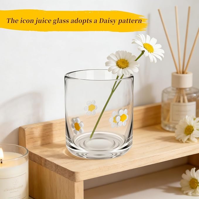 14 Ounce Icon Juice Glasses, Aesthetic Cocktail & Old Fashioned Drinking Glasses, Iconic Clear Glass Cups for Women, Sister, Friend & Party Gifts (Daisy)