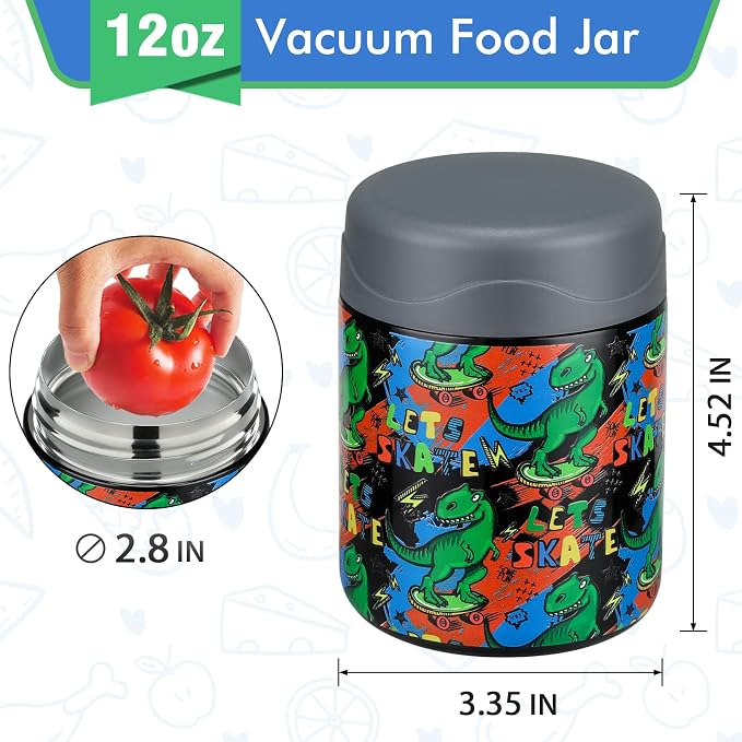 wiwens 12oz Soup Thermo for Hot Food Kids Insulated Food Jar Wide Mouth Lunch Container Leak Proof Stainless Steel Vacuum Bento Box for School Office Travel Outdoors Black-Dinosaur