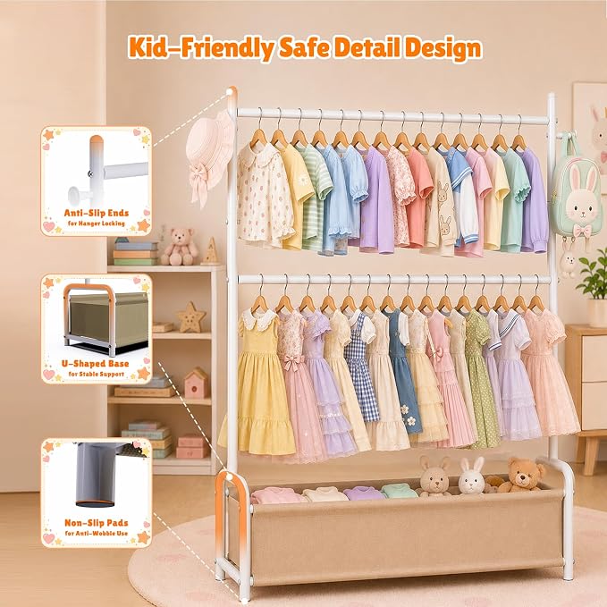 Kids Clothing Rack with Double Rod, Storage Basket & Hooks, Height Adjustable Kids Clothes Rack, Portable Baby Dress Up Garment Rack for Princess Dresses, White