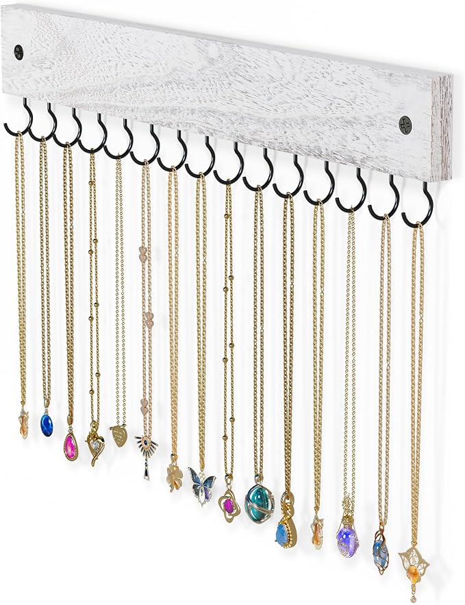 Lolalet Wooden Necklace Holder for Wall with 15 Hooks -Vintage | Wall Mount Jewelry Hangers for Necklaces, Chains, Bracelets and Earrings, Tangle-free, Easy to Install