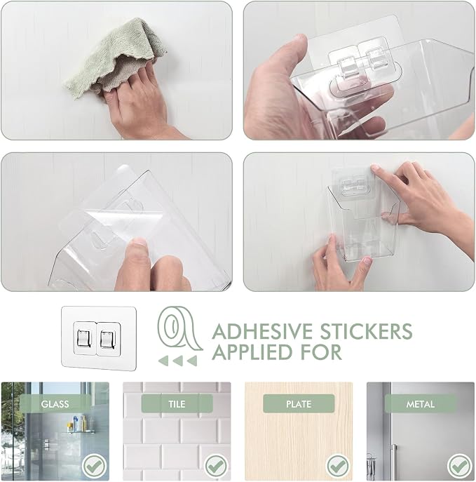 Clear Adhesive Wall Storage Bins, 4 Pack Cabinet Door Organizer Holders, Hanging Wall Mount Pockets, Plastic Cups for Shower Bathroom Makeup Office Craft Remote Kitchen Sink RV Organization (Large)