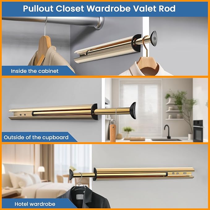 Valet Rod 14-Inch，Tenovel Pull-Out Closet Clothes Rust-Free Closet Hanging Clothes Hat Rack Rod (Mounting Screws Included)-Bright Gold