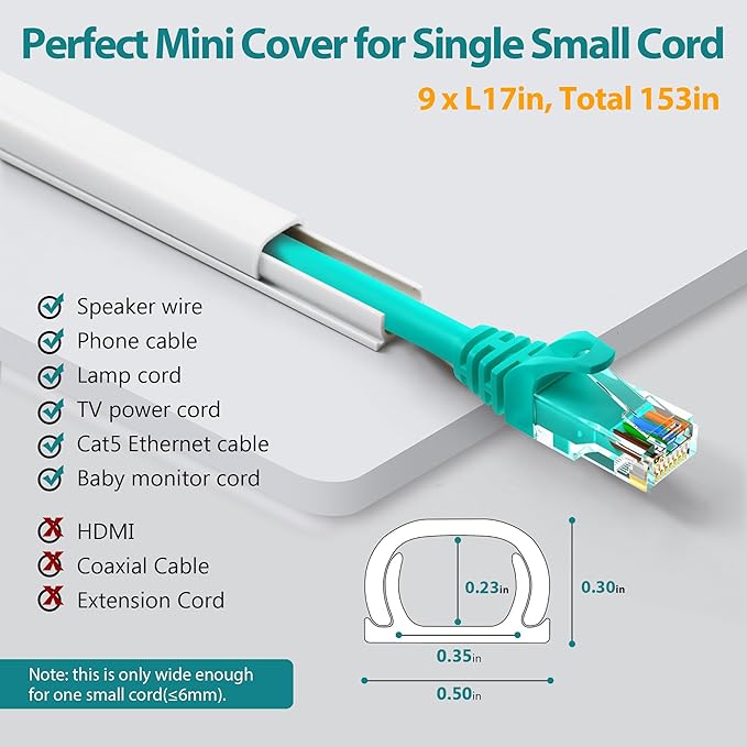 One Cord Cover Wall 153in(9X L17in), Mini Wire Hider, Self-Adhesive Wire Cover for Hiding Speaker Wire, Baby Monitor Cord - Paintable Wire Channel for Cable Concealer, W0.5in H0.3in, CMR05 White