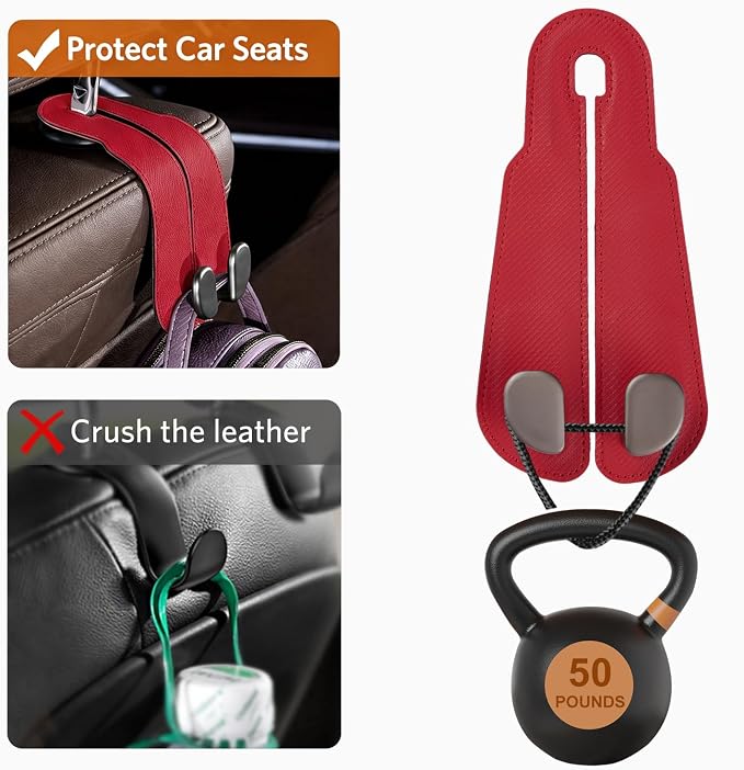 CoBak Purse Hook for Car - Universal Premium Stitched Leather and Aluminum-Magnesium Alloy Double Car Seat Back Storage Hook for Purses, Handbags, Bags (2 Pack),Carbon Red