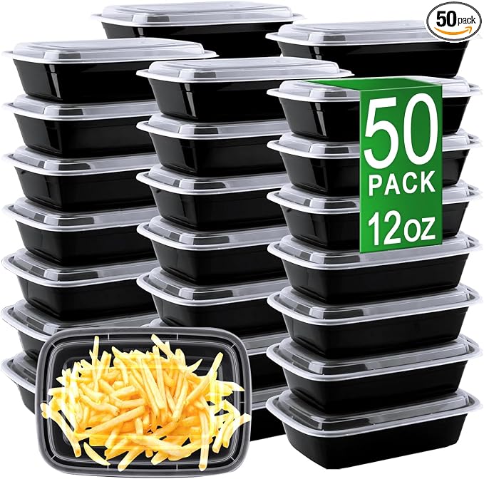 Meal Prep Containers, 50 Pack 12oz Disposable Take Out Food Storage Containers with Leakproof Lids, Reusable Plastic To Go Lunch Boxes, BPA Free, Microwave/Dishwasher/Freezer Safe