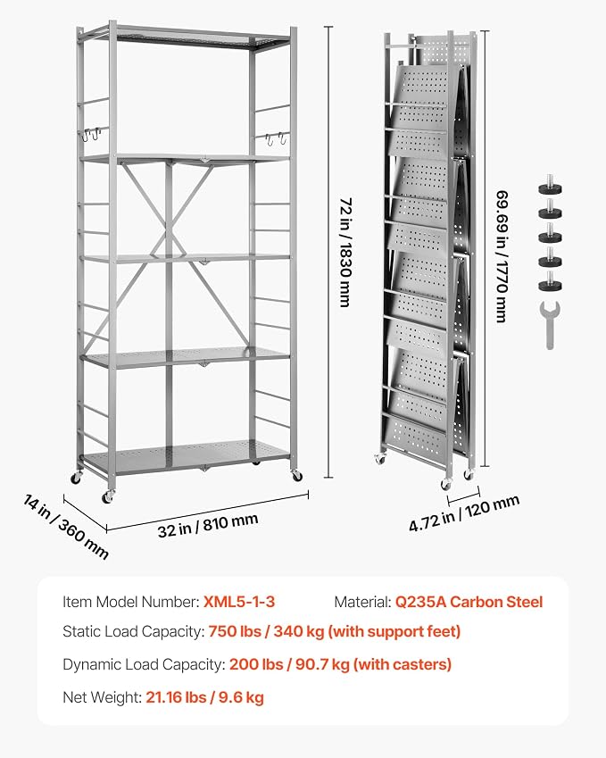 VEVOR 5-Tier Foldable Storage Shelf, 32W x 14D x 72H Inch Folding Metal Rack Shelving Unit, Heavy Duty No Assembly Organizer Shelf with 5 Wheels & 4 Hooks for Pantry, Kitchen, Garage, Basement, Grey