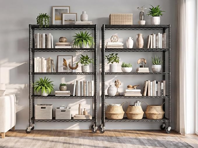 5 Tier Storage Shelves 74"H Wire Shelving Adjustable Metal Shelving,1250LBS Pantry Shelves Sturdy Steel Wire Shelf for Kitchen Commercial Pantry Garage Warehouse ,74"H X36"W X14"D, Black 4PACK