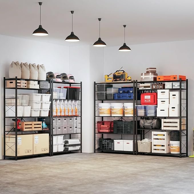 ALANNG 40" W Foldable 5-Tier Storage Shelves on Wheels Adjustable | Removable Metal Rack, Heavy Duty Rolling Organizer for Kitchen, Garage, Closet, Pantry, and Office (Black,2 Pack)