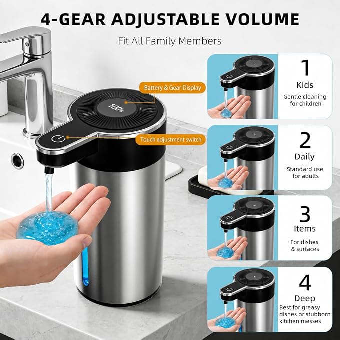 Touchless Automatic Liquid Soap Dispenser for Kitchen, Rechargeable, 13.5oz Large Capacity, Fast Sensor, 4 Adjustable Liquid Levels, Waterproof, Clog-Free Pump(Stainless Steel Liquid)