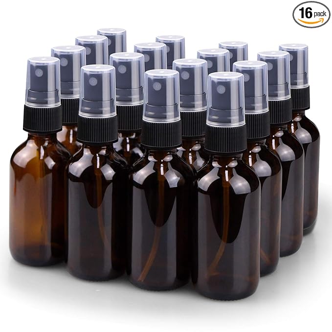 Wedama Spray Bottle, 2 oz Fine Mist Glass Spray Bottles, Little Refillable Liquid Containers for Watering Flowers Cleaning (16 Pack, Amber)