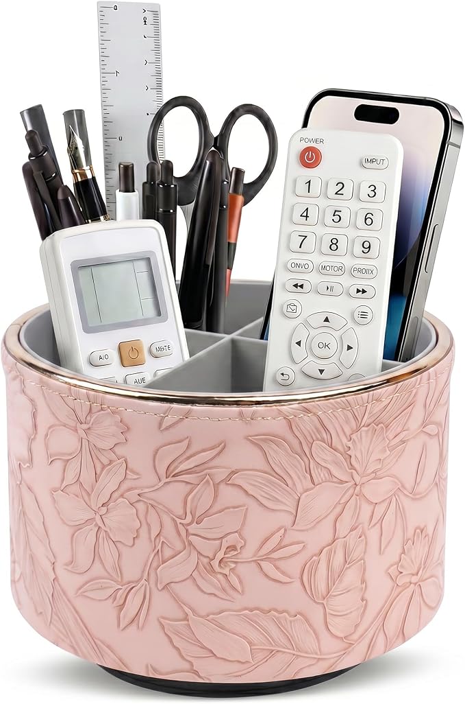 Remote Control Holder, 360°Spinning PU Leather Desk TV Remote Caddy,Desk Storage Box Room Accessories for Controller, Media,Mail,Calculator, Mobile Phone,Pencil(1B-Golden Pink)