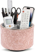 Remote Control Holder, 360°Spinning PU Leather Desk TV Remote Caddy,Desk Storage Box Room Accessories for Controller, Media,Mail,Calculator, Mobile Phone,Pencil(1B-Golden Pink)