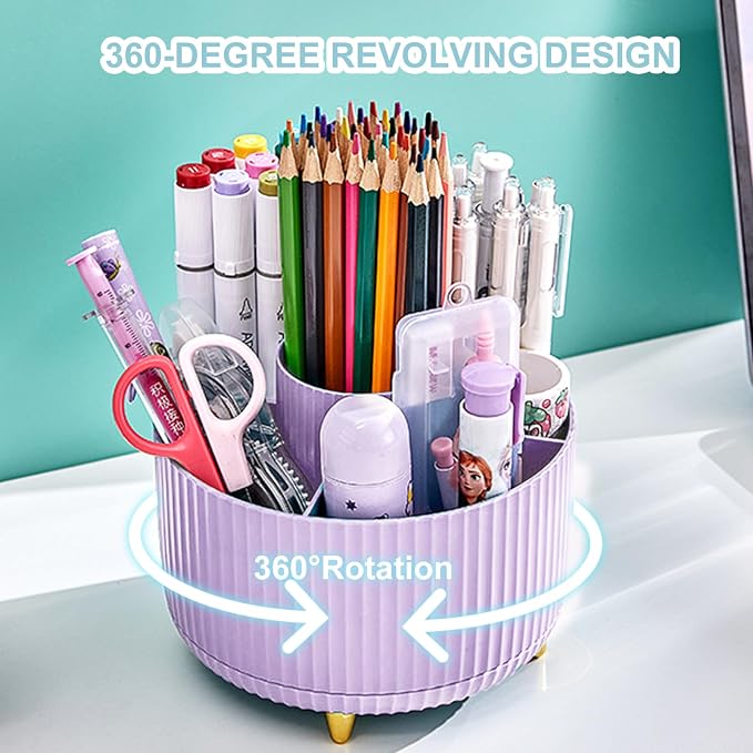 Cayxenful Pencil Holder For Desk,5 Slots 360°Degree Rotating Desk Organizers And Accessories,Desktop Storage Stationery Supplies Organizer, Cute Pencil Cup Pot For Office, School, Home (I-Purple)