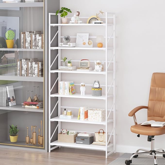 JSB 6 Tier No Assembly Folding Bookshelf, 30.7" Wide Foldable Storage Bookcase for Home Office, Space-Saving Storage Shelf for Living Room (All White)