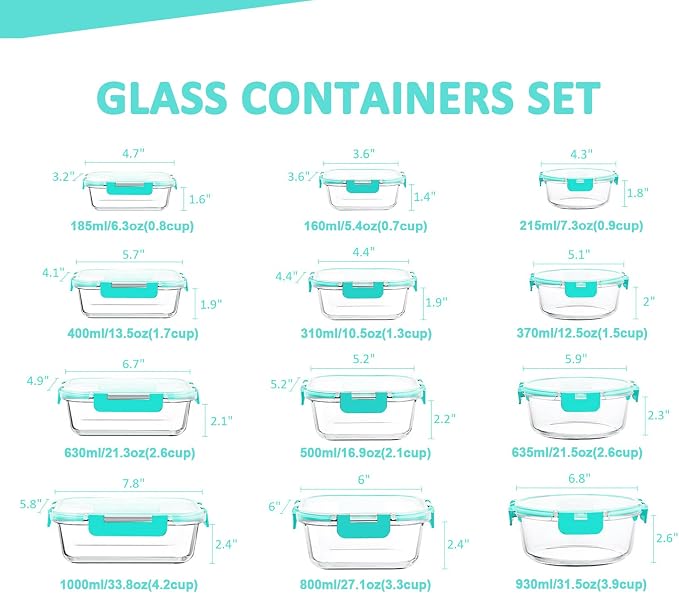 KOMUEE 24 Pieces Glass Food Storage Containers Set, Meal Prep Containers, BPA-Free Airtight Glass Storage Containers with lids, Freezer, Microwave and Oven Safe,Green