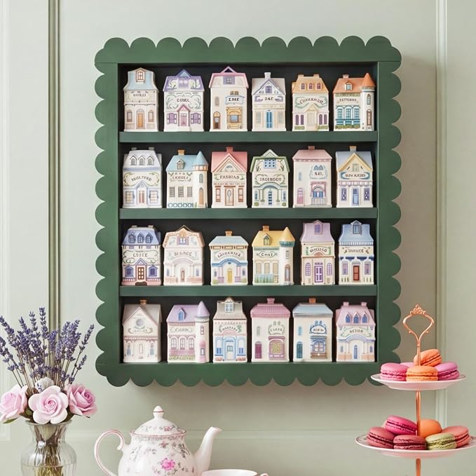 Chunful Spice Jar Wooden Rack Dark Green Scalloped Spice Shelf for 24 Jars, Village Style Wall Mounting Kitchen Storage Decorative Hanging Display Rack, Shelf Only
