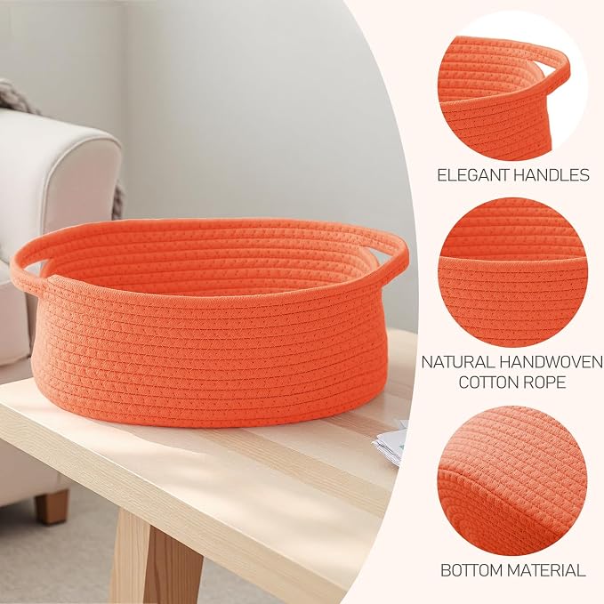 JMvicyroam Woven Basket,Small Rope Storage Bin with Handles & Ribbon Bag, Organizer for Shelves Closets,Gift Basket Empty for Birthday,Books,Dog Toys,Orange/3 Pack