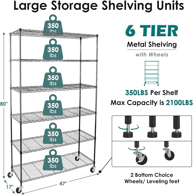WDT 6 Tier Shelf Shelving Unit with Wheels,Adjustable Metal Shelves for Storage, NSF Black Wire Shelving Rack, 2100Lbs Capacity Heavy Duty Shelving Storage Shelves for Kitchen Garage,47" Dx17 Wx80 H