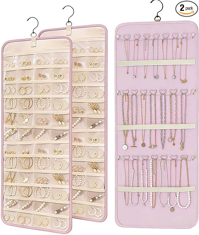 LAKSMI 2 PCS Large Hanging Jewelry Organizer for Closet, Wall or Door, 48 Pockets & 21 Hooks for Earrings, Necklaces and Rings