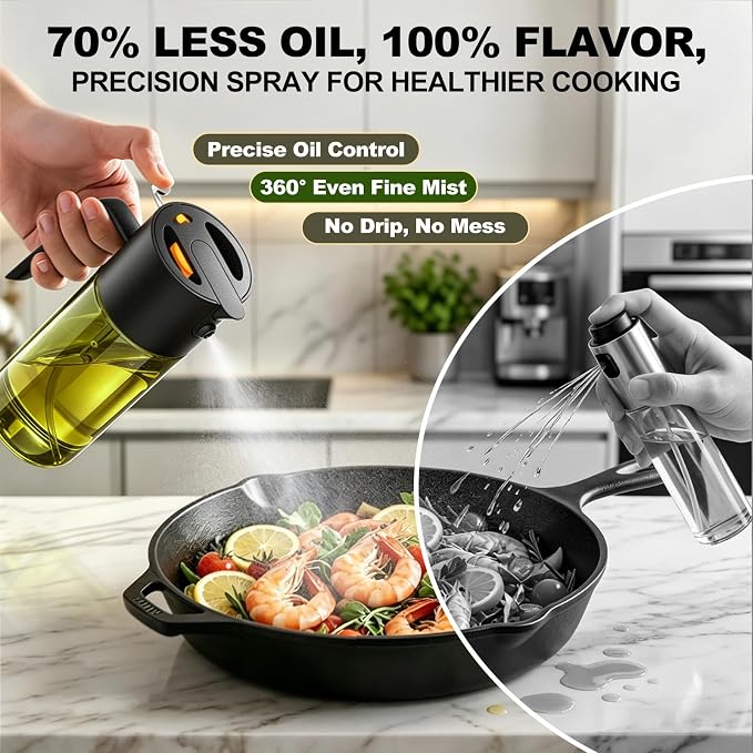 Gelibo 2-IN-1 Oil Sprayer for Cooking, 500ML Light-Blocking Glass Oil Dispenser for Kitchen, Olive Oil Spray Bottle with Leak-Proof,Cooking Spray with Portion Control for BBQ, Air Fryer, Salad - Black