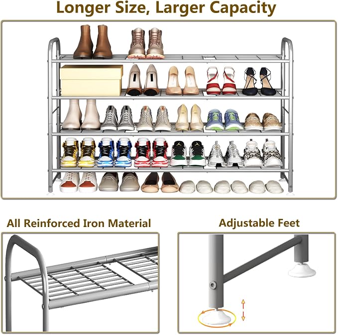 LINZINAR 4 Tier Long Shoe Rack for Closet Metal Shoe Organizer for Entryway | Spacious design stores 25+ pairs of shoes,durable metal frame,space-saving organizer for closet, hallway, and Entryway Grey