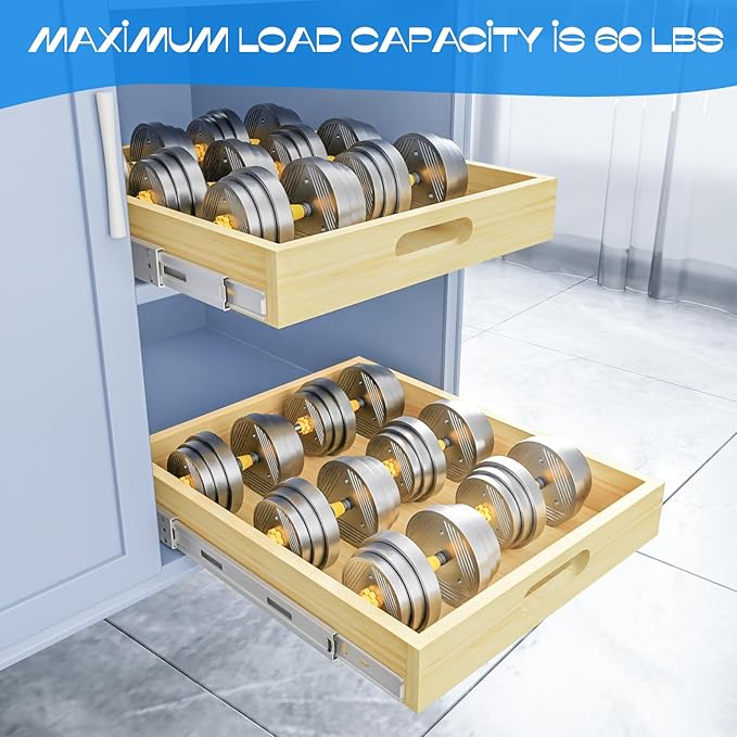 2 Set Pull Out Cabinet Organizer, Soft Close Slide Out Wood Drawer Storage Shelves for Kitchen, Base Cabinet Organization for Pantry, Finished, Heavy-Duty, Bottom Assembly (18” W x 21” D)