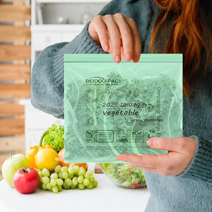 BEIDOU-PAC Compostable Quart Food Storage Freezer Bags, 60 Count | 2 Mil | 8 IN x 7 IN, Freshness Easy Open Biodegradable Eco-Friendly Reclosable Compost Zipper Bags