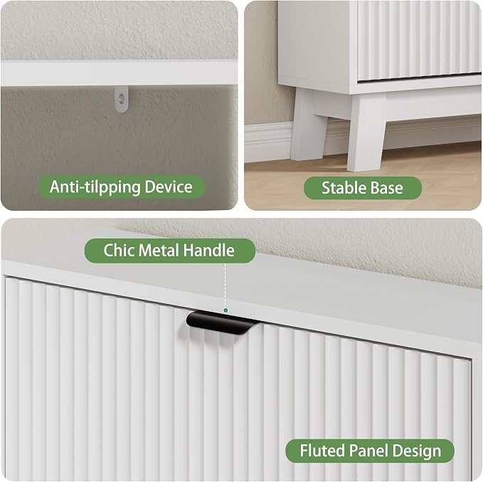 Xixini Shoe Cabinet with 3 Flip Drawers, 54" Tall Narrow Fluted Shoe Storage Organizer for Entryway, Hidden Wooden Shoe Rack with Adjustable Side Cabinet for Front Door Entrance, Hallway, Solid White